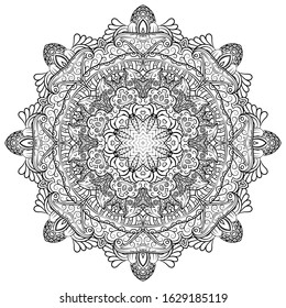 Mandala, tracery wheel mehndi design. Ethnic ornament, doodle symmetry texture. Folk traditional spiritual tribal design. Curved shape, isolated on white. Binary monochrome black and white art. Vector