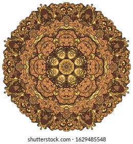 Mandala, tracery wheel mehndi design. Ethnic ornament, colorful doodle symmetry texture. Folk traditional spiritual tribal design. Curved shape, isolated on white. Color art. Vector