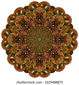 Mandala, tracery wheel mehndi design. Ethnic ornament, colorful doodle symmetry texture. Folk traditional spiritual tribal design. Curved shape, isolated on white. Color art. Vector
