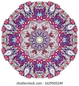 Mandala, tracery wheel mehndi design. Ethnic ornament, colorful doodle symmetry texture. Folk traditional spiritual tribal design. Curved shape, isolated on white. Color art. Vector
