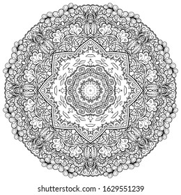 Mandala, tracery wheel mehndi design. Ethnic ornament, doodle symmetry texture. Folk traditional spiritual tribal design. Curved shape, isolated on white. Binary monochrome black and white art. Vector