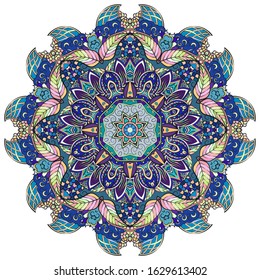 Mandala, tracery wheel mehndi design. Ethnic ornament, colorful doodle symmetry texture. Folk traditional spiritual tribal design. Curved shape, isolated on white. Color art. Vector