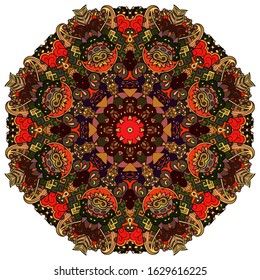 Mandala, tracery wheel mehndi design. Ethnic ornament, colorful doodle symmetry texture. Folk traditional spiritual tribal design. Curved shape, isolated on white. Color art. Vector