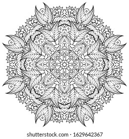 Mandala, tracery wheel mehndi design. Ethnic ornament, doodle symmetry texture. Folk traditional spiritual tribal design. Curved shape, isolated on white. Binary monochrome black and white art. Vector