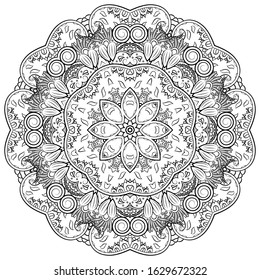 Mandala, tracery wheel mehndi design. Ethnic ornament, doodle symmetry texture. Folk traditional spiritual tribal design. Curved shape, isolated on white. Binary monochrome black and white art. Vector