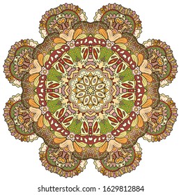 Mandala, tracery wheel mehndi design. Ethnic ornament, colorful doodle symmetry texture. Folk traditional spiritual tribal design. Curved shape, isolated on white. Color art. Vector