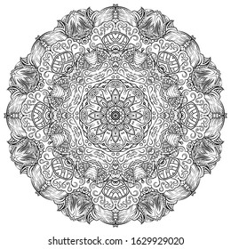 Mandala, tracery wheel mehndi design. Ethnic ornament, doodle symmetry texture. Folk traditional spiritual tribal design. Curved shape, isolated on white. Binary monochrome black and white art. Vector