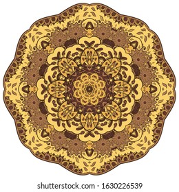 Mandala, tracery wheel mehndi design. Ethnic ornament, colorful doodle symmetry texture. Folk traditional spiritual tribal design. Curved shape, isolated on white. Color art. Vector
