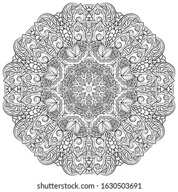 Mandala, tracery wheel mehndi design. Ethnic ornament, doodle symmetry texture. Folk traditional spiritual tribal design. Curved shape, isolated on white. Binary monochrome black and white art. Vector