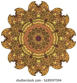 Mandala, tracery wheel mehndi design. Ethnic ornament, colorful doodle symmetry texture. Folk traditional spiritual tribal design. Curved shape, isolated on white. Color art. Vector