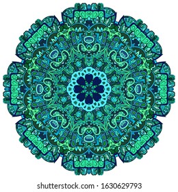 Mandala, tracery wheel mehndi design. Ethnic ornament, colorful doodle symmetry texture. Folk traditional spiritual tribal design. Curved shape, isolated on white. Color art. Vector