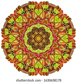 Mandala, tracery wheel mehndi design. Ethnic ornament, colorful doodle symmetry texture. Folk traditional spiritual tribal design. Curved shape, isolated on white. Color art. Vector