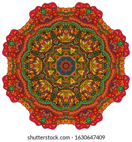 Mandala, tracery wheel mehndi design. Ethnic ornament, colorful doodle symmetry texture. Folk traditional spiritual tribal design. Curved shape, isolated on white. Color art. Vector