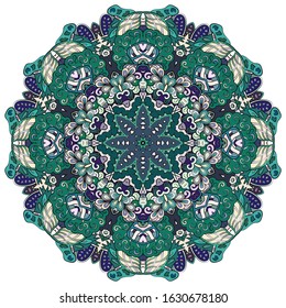 Mandala, tracery wheel mehndi design. Ethnic ornament, colorful doodle symmetry texture. Folk traditional spiritual tribal design. Curved shape, isolated on white. Color art. Vector