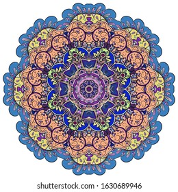 Mandala, tracery wheel mehndi design. Ethnic ornament, colorful doodle symmetry texture. Folk traditional spiritual tribal design. Curved shape, isolated on white. Color art. Vector