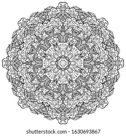 Mandala, tracery wheel mehndi design. Ethnic ornament, doodle symmetry texture. Folk traditional spiritual tribal design. Curved shape, isolated on white. Binary monochrome black and white art. Vector