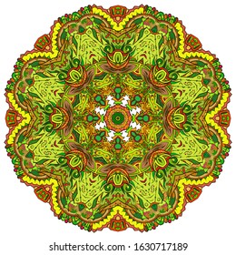 Mandala, tracery wheel mehndi design. Ethnic ornament, colorful doodle symmetry texture. Folk traditional spiritual tribal design. Curved shape, isolated on white. Color art. Vector