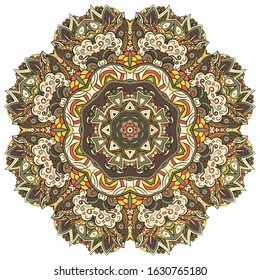 Mandala, tracery wheel mehndi design. Ethnic ornament, colorful doodle symmetry texture. Folk traditional spiritual tribal design. Curved shape, isolated on white. Color art. Vector