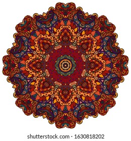 Mandala, tracery wheel mehndi design. Ethnic ornament, colorful doodle symmetry texture. Folk traditional spiritual tribal design. Curved shape, isolated on white. Color art. Vector