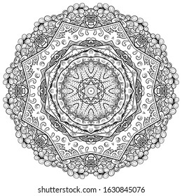 Mandala, tracery wheel mehndi design. Ethnic ornament, doodle symmetry texture. Folk traditional spiritual tribal design. Curved shape, isolated on white. Binary monochrome black and white art. Vector