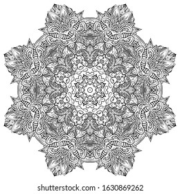 Mandala, tracery wheel mehndi design. Ethnic ornament, doodle symmetry texture. Folk traditional spiritual tribal design. Curved shape, isolated on white. Binary monochrome black and white art. Vector
