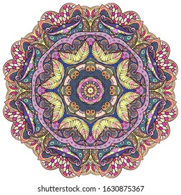 Mandala, tracery wheel mehndi design. Ethnic ornament, colorful doodle symmetry texture. Folk traditional spiritual tribal design. Curved shape, isolated on white. Color art. Vector