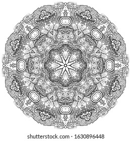 Mandala, tracery wheel mehndi design. Ethnic ornament, doodle symmetry texture. Folk traditional spiritual tribal design. Curved shape, isolated on white. Binary monochrome black and white art. Vector