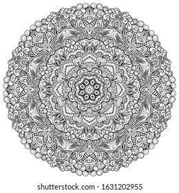 Mandala, tracery wheel mehndi design. Ethnic ornament, doodle symmetry texture. Folk traditional spiritual tribal design. Curved shape, isolated on white. Binary monochrome black and white art. Vector