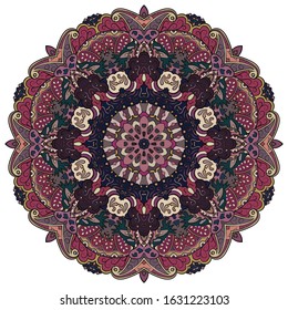 Mandala, tracery wheel mehndi design. Ethnic ornament, colorful doodle symmetry texture. Folk traditional spiritual tribal design. Curved shape, isolated on white. Color art. Vector