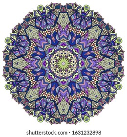 Mandala, tracery wheel mehndi design. Ethnic ornament, colorful doodle symmetry texture. Folk traditional spiritual tribal design. Curved shape, isolated on white. Color art. Vector