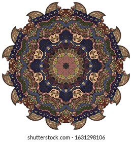 Mandala, tracery wheel mehndi design. Ethnic ornament, colorful doodle symmetry texture. Folk traditional spiritual tribal design. Curved shape, isolated on white. Color art. Vector