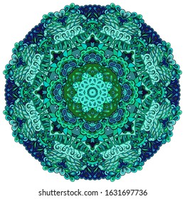 Mandala, tracery wheel mehndi design. Ethnic ornament, colorful doodle symmetry texture. Folk traditional spiritual tribal design. Curved shape, isolated on white. Color art. Vector
