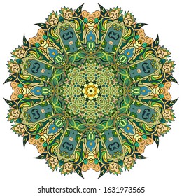 Mandala, tracery wheel mehndi design. Ethnic ornament, colorful doodle symmetry texture. Folk traditional spiritual tribal design. Curved shape, isolated on white. Color art. Vector