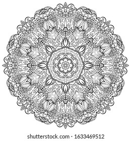 Mandala, tracery wheel mehndi design. Ethnic ornament, doodle symmetry texture. Folk traditional spiritual tribal design. Curved shape, isolated on white. Binary monochrome black and white art. Vector