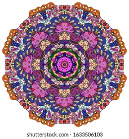 Mandala, tracery wheel mehndi design. Ethnic ornament, colorful doodle symmetry texture. Folk traditional spiritual tribal design. Curved shape, isolated on white. Color art. Vector