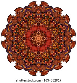 Mandala, tracery wheel mehndi design. Ethnic ornament, colorful doodle symmetry texture. Folk traditional spiritual tribal design. Curved shape, isolated on white. Color art. Vector