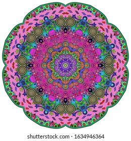 Mandala, tracery wheel mehndi design. Ethnic ornament, colorful doodle symmetry texture. Folk traditional spiritual tribal design. Curved shape, isolated on white. Color art. Vector