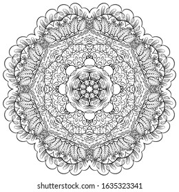 Mandala, tracery wheel mehndi design. Ethnic ornament, doodle symmetry texture. Folk traditional spiritual tribal design. Curved shape, isolated on white. Binary monochrome black and white art. Vector