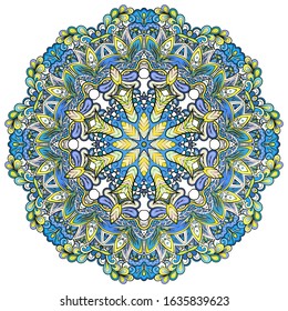 Mandala, tracery wheel mehndi design. Ethnic ornament, colorful doodle symmetry texture. Folk traditional spiritual tribal design. Curved shape, isolated on white. Color art. Vector