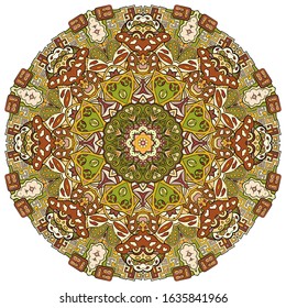 Mandala, tracery wheel mehndi design. Ethnic ornament, colorful doodle symmetry texture. Folk traditional spiritual tribal design. Curved shape, isolated on white. Color art. Vector