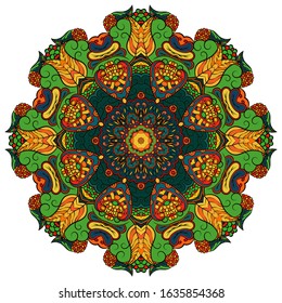 Mandala, tracery wheel mehndi design. Ethnic ornament, colorful doodle symmetry texture. Folk traditional spiritual tribal design. Curved shape, isolated on white. Color art. Vector