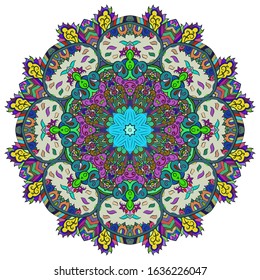 Mandala, tracery wheel mehndi design. Ethnic ornament, colorful doodle symmetry texture. Folk traditional spiritual tribal design. Curved shape, isolated on white. Color art. Vector