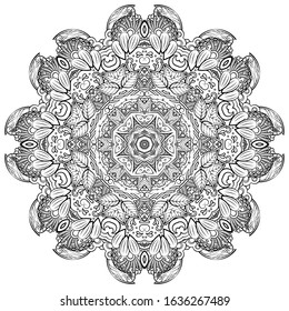 Mandala, tracery wheel mehndi design. Ethnic ornament, doodle symmetry texture. Folk traditional spiritual tribal design. Curved shape, isolated on white. Binary monochrome black and white art. Vector