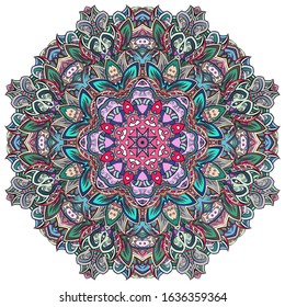 Mandala, tracery wheel mehndi design. Ethnic ornament, colorful doodle symmetry texture. Folk traditional spiritual tribal design. Curved shape, isolated on white. Color art. Vector