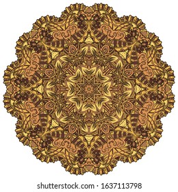 Mandala, tracery wheel mehndi design. Ethnic ornament, colorful doodle symmetry texture. Folk traditional spiritual tribal design. Curved shape, isolated on white. Color art. Vector