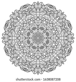Mandala, tracery wheel mehndi design. Ethnic ornament, doodle symmetry texture. Folk traditional spiritual tribal design. Curved shape, isolated on white. Binary monochrome black and white art. Vector