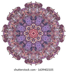 Mandala, tracery wheel mehndi design. Ethnic ornament, colorful doodle symmetry texture. Folk traditional spiritual tribal design. Curved shape, isolated on white. Color art. Vector