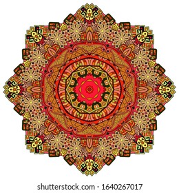Mandala, tracery wheel mehndi design. Ethnic ornament, colorful doodle symmetry texture. Folk traditional spiritual tribal design. Curved shape, isolated on white. Color art. Vector