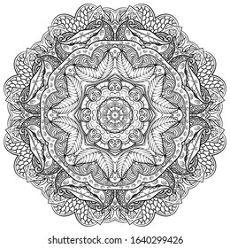 Mandala, tracery wheel mehndi design. Ethnic ornament, doodle symmetry texture. Folk traditional spiritual tribal design. Curved shape, isolated on white. Binary monochrome black and white art. Vector