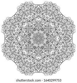 Mandala, tracery wheel mehndi design. Ethnic ornament, doodle symmetry texture. Folk traditional spiritual tribal design. Curved shape, isolated on white. Binary monochrome black and white art. Vector